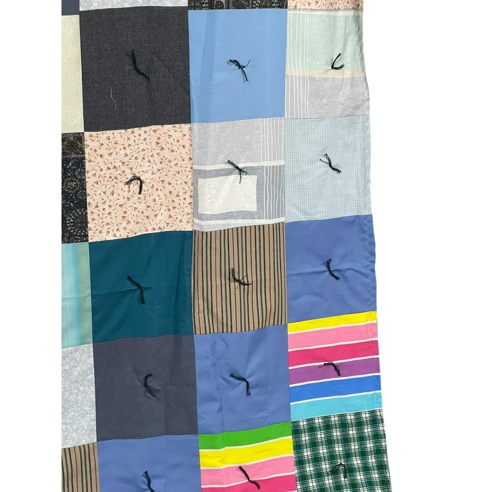 Vintage Patchwork‎ Quilt Blue Plaid Striped Hand Tied Cottagecore Twin